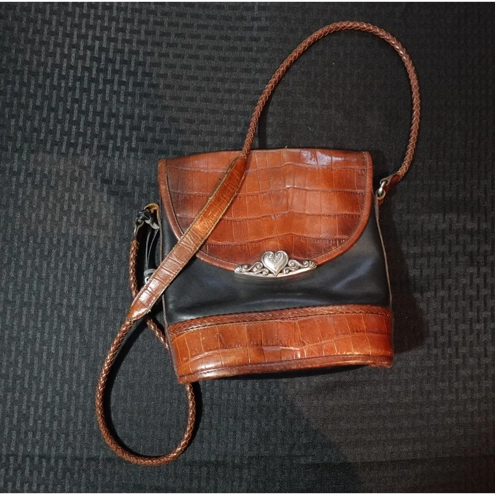 Brighton Vintage Crossbody Bag Black Brown Croc Embossed‎ Leather Heart Hardware